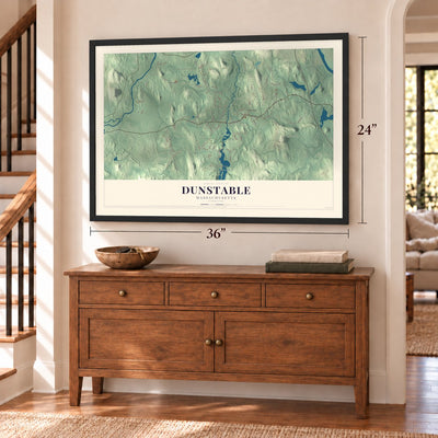 Dunstable, Massachusetts map, 24 x 36 inch print in a black frame above a dresser by a staircase