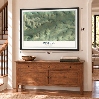 Osceola, Pennsylvania map, 24 x 36 inch print in a black frame above a dresser by a staircase