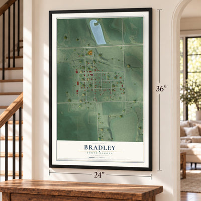 Bradley, South Dakota map, 24 x 36 inch print in a black frame by a staircase