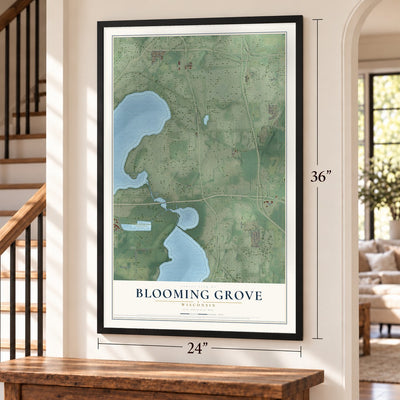 Blooming Grove, Wisconsin map, 24 x 36 inch print in a black frame by a staircase