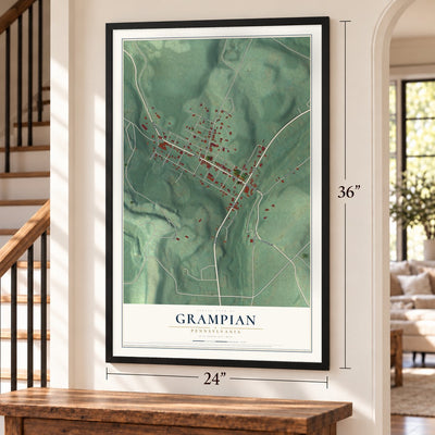 Grampian, Pennsylvania map, 24 x 36 inch print in a black frame by a staircase
