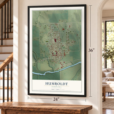 Humboldt, Nebraska map, 24 x 36 inch print in a black frame by a staircase