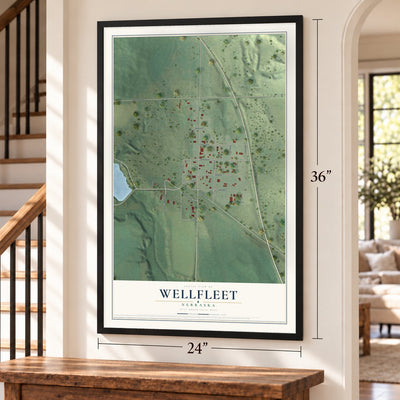 Wellfleet, Nebraska map, 24 x 36 inch print in a black frame by a staircase