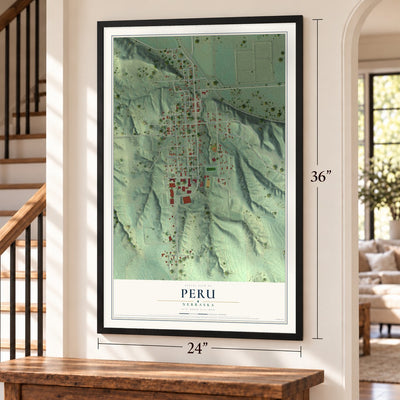 Peru, Nebraska map, 24 x 36 inch print in a black frame by a staircase