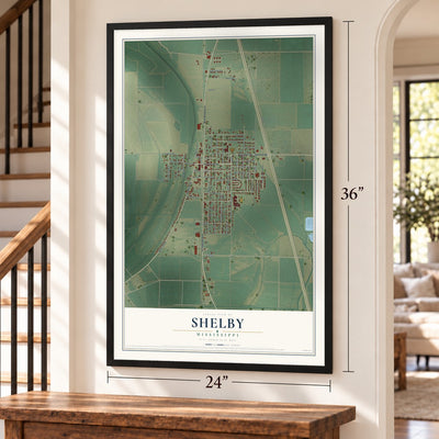 Shelby, Mississippi map, 24 x 36 inch print in a black frame by a staircase