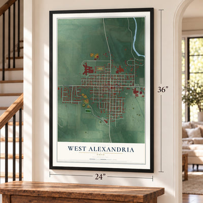 West Alexandria, Ohio map, 24 x 36 inch print in a black frame by a staircase