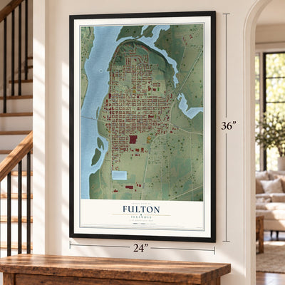 Fulton, Illinois map, 24 x 36 inch print in a black frame by a staircase