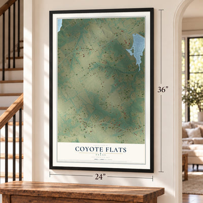 Coyote Flats, Texas map, 24 x 36 inch print in a black frame by a staircase