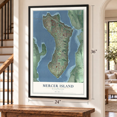 Mercer Island, Washington map, 24 x 36 inch print in a black frame by a staircase