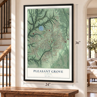 Pleasant Grove, Alabama map, 24 x 36 inch print in a black frame by a staircase