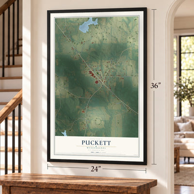 Puckett, Mississippi map, 24 x 36 inch print in a black frame by a staircase