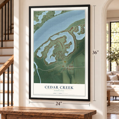 Cedar Creek, Nebraska map, 24 x 36 inch print in a black frame by a staircase