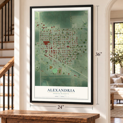 Alexandria, South Dakota map, 24 x 36 inch print in a black frame by a staircase