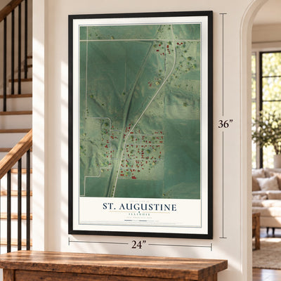 St. Augustine, Illinois map, 24 x 36 inch print in a black frame by a staircase
