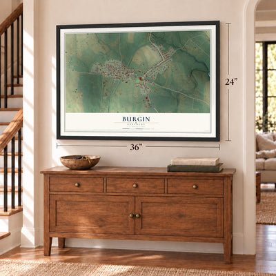 Burgin, Kentucky map, 24 x 36 inch print in a black frame above a dresser by a staircase