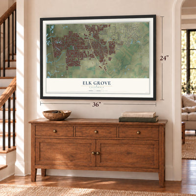 Elk Grove, California map, 24 x 36 inch print in a black frame above a dresser by a staircase