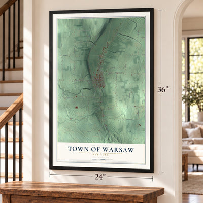 Town of Warsaw, New York map, 24 x 36 inch print in a black frame by a staircase