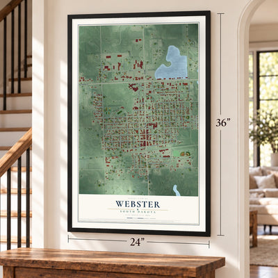 Webster, South Dakota map, 24 x 36 inch print in a black frame by a staircase