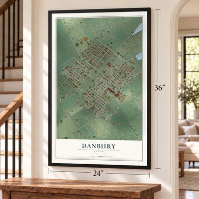 Danbury, Texas map, 24 x 36 inch print in a black frame by a staircase