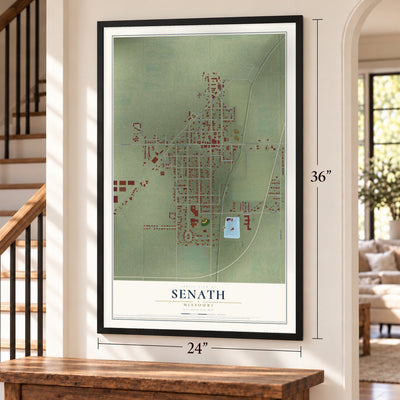Senath, Missouri map, 24 x 36 inch print in a black frame by a staircase