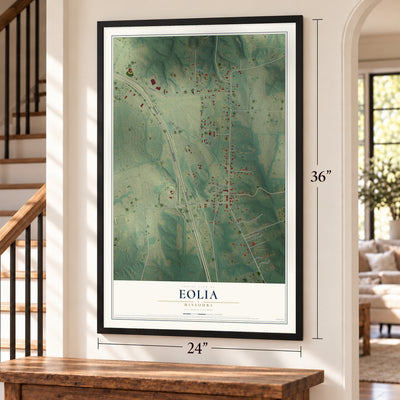 Eolia, Missouri map, 24 x 36 inch print in a black frame by a staircase