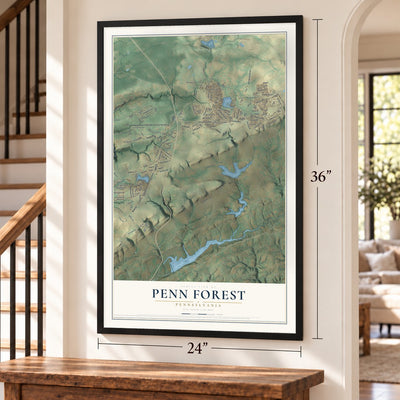 Penn Forest, Pennsylvania map, 24 x 36 inch print in a black frame by a staircase