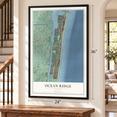 Ocean Ridge, Florida map, 24 x 36 inch print in a black frame by a staircase