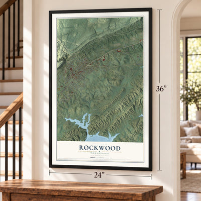 Rockwood, Tennessee map, 24 x 36 inch print in a black frame by a staircase