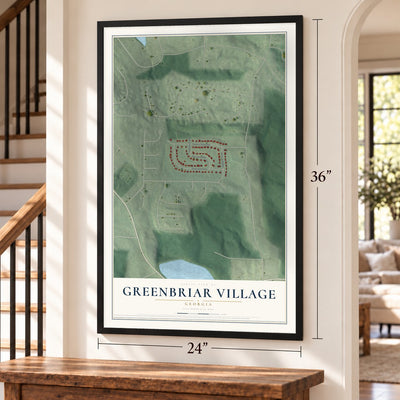 Greenbriar Village, Georgia map, 24 x 36 inch print in a black frame by a staircase