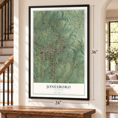 Jonesboro, Illinois map, 24 x 36 inch print in a black frame by a staircase