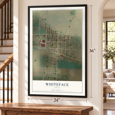 Whiteface, Texas map, 24 x 36 inch print in a black frame by a staircase