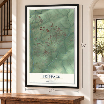 Skippack, Pennsylvania map, 24 x 36 inch print in a black frame by a staircase
