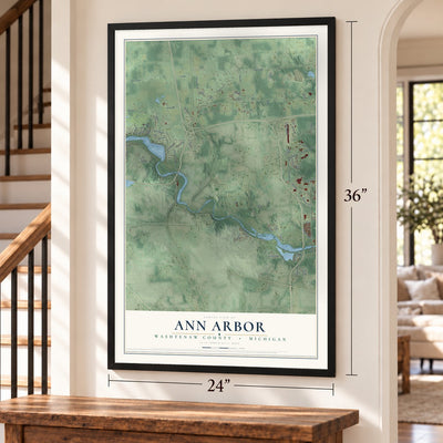 Ann Arbor, Washtenaw County, Michigan map, 24 x 36 inch print in a black frame by a staircase