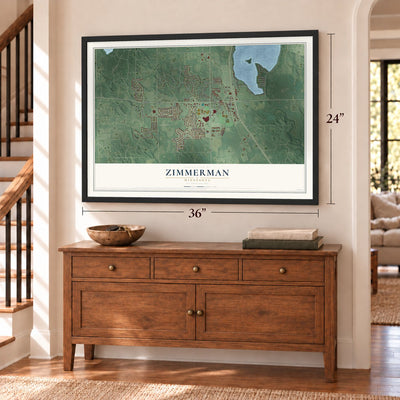 Zimmerman, Minnesota map, 24 x 36 inch print in a black frame above a dresser by a staircase