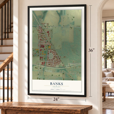 Banks, Oregon map, 24 x 36 inch print in a black frame by a staircase