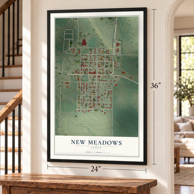 New Meadows, Idaho map, 24 x 36 inch print in a black frame by a staircase