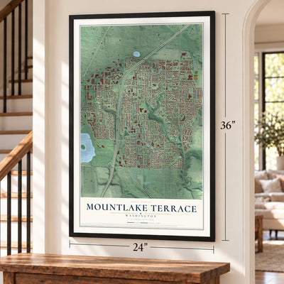Mountlake Terrace, Washington map, 24 x 36 inch print in a black frame by a staircase