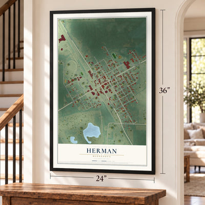 Herman, Minnesota map, 24 x 36 inch print in a black frame by a staircase