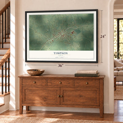 Timpson, Texas map, 24 x 36 inch print in a black frame above a dresser by a staircase