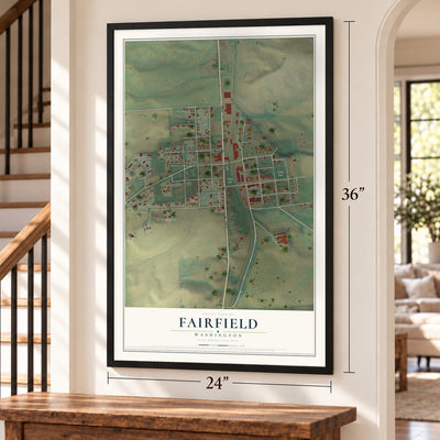 Fairfield, Washington map, 24 x 36 inch print in a black frame by a staircase