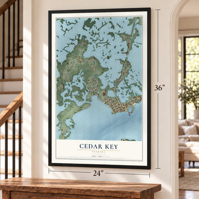Cedar Key, Florida map, 24 x 36 inch print in a black frame by a staircase