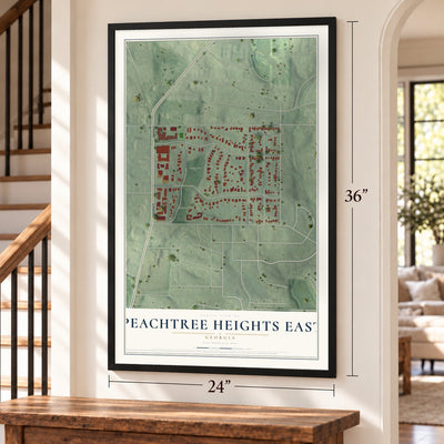 Peachtree Heights East, Georgia map, 24 x 36 inch print in a black frame by a staircase