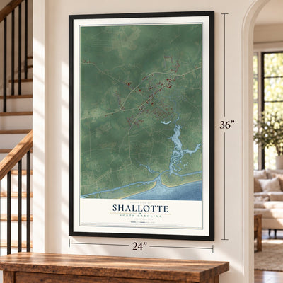 Shallotte, North Carolina map, 24 x 36 inch print in a black frame by a staircase