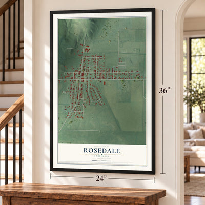 Rosedale, Indiana map, 24 x 36 inch print in a black frame by a staircase