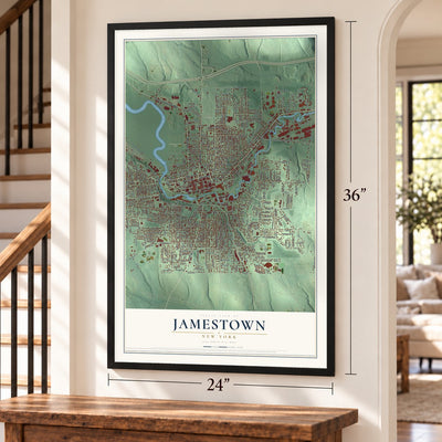Jamestown, New York map, 24 x 36 inch print in a black frame by a staircase