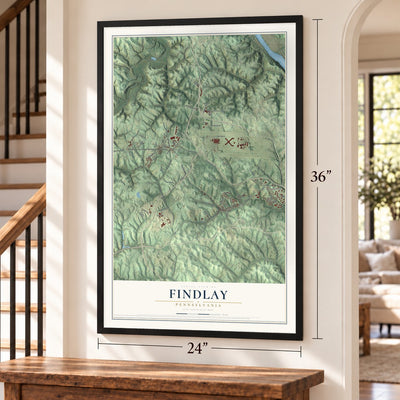 Findlay, Pennsylvania map, 24 x 36 inch print in a black frame by a staircase