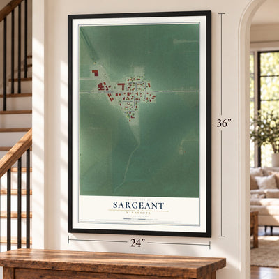 Sargeant, Minnesota map, 24 x 36 inch print in a black frame by a staircase