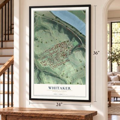 Whitaker, Pennsylvania map, 24 x 36 inch print in a black frame by a staircase