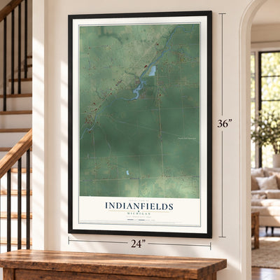 Indianfields, Michigan map, 24 x 36 inch print in a black frame by a staircase