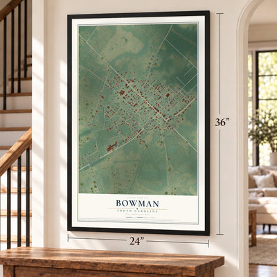 Bowman, South Carolina map, 24 x 36 inch print in a black frame by a staircase